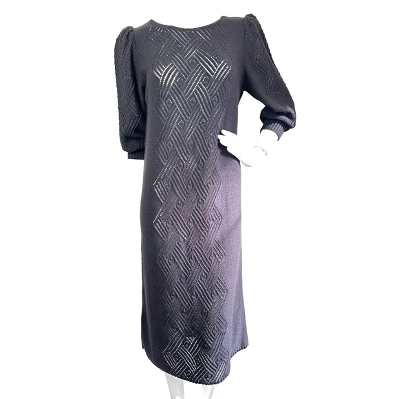 Vintage Savion Open Knit Midi Dress Sheer Center Puff Shoulder Black Size Large - Picture 2 of 7
